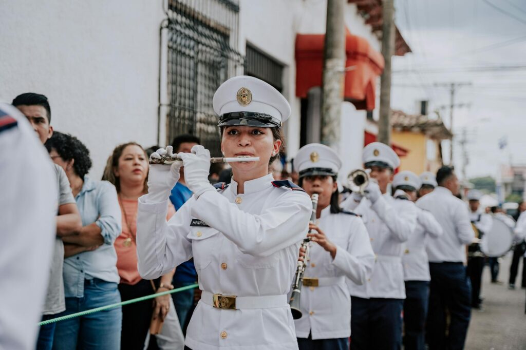 soldiers playing instruments during a military parade